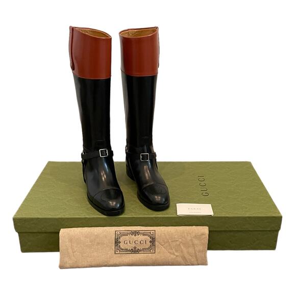 GUCCI Aria Horsebit Harness Leather GG Logo Knee High Riding Boot Sz 38 /US8 NEW - Picture 1 of 16